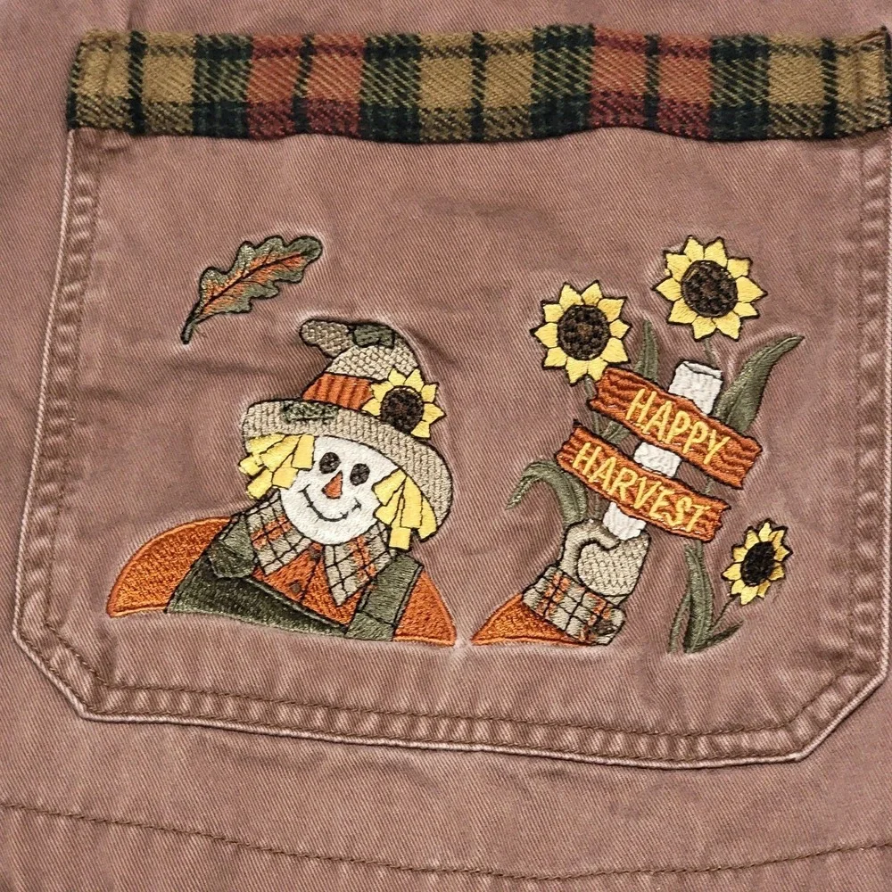 Vintage Mandal Bay Overalls Womens XL Brown Happy Harvest Scarecrow Fall Plaid - Picture 2 of 16